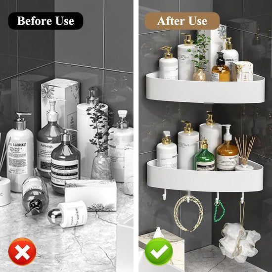 Set van 2 doucheplanken zonder boren, zelfklevende doucheplank, kunststof badkamerorganizer, hoekplank, doucheplank, hoekdoucheplank, badkamerplank, badkamerplank, douchemand voor badkamer en keuken, wit