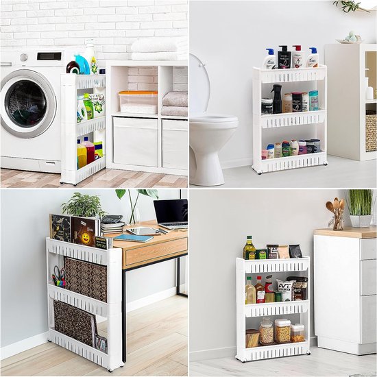 Keukenwagen, smal, keukenwagen, rolwagen met 3 niveaus voor badkamer en keuken, rolwagen, smal en ruimtebesparend voor het organiseren van accessoires, rolwagen keuken, 54,5 x 12,5 x 72