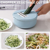 Groentesnijder, groenteschaaf, ui, hakmolen, komkommerschaaf, groentensnijder, rasp, groenrasp met houder, 5 messen, instelbaar, blauw