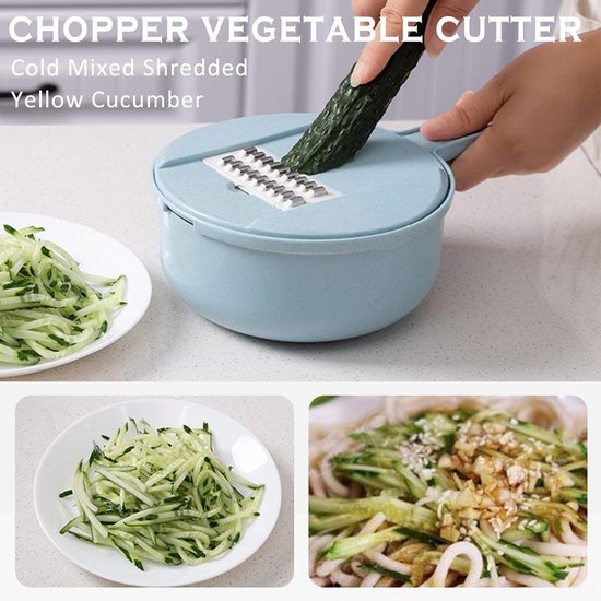 Groentesnijder, groenteschaaf, ui, hakmolen, komkommerschaaf, groentensnijder, rasp, groenrasp met houder, 5 messen, instelbaar, blauw