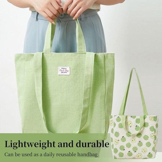 Dubbelzijdige linnen tas van katoen en linnen, stoffen tas, boodschappentas, katoenen schouderriem, dubbele draaggreep, canvas, messenger bag voor dames, kinderen (groene appels, 31 x 10 x 31 cm)