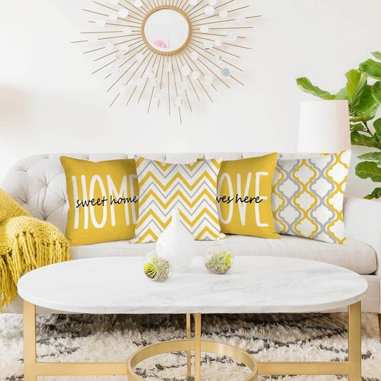 Kussensloop 50 x 50 cm, set van 4 decoratieve kussens, linnen kussenslopen, geometrisch patroon, kussenhoezen voor bank, slaapkamer, buiten, kussen, 50 x 50 cm, geel.