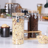 Glazen container met deksel, luchtdichte beugelsluiting, voorraadpotten, borosilicaatglas, voorraaddozen voor koffie, bonen, suiker, muesli, noten, koekjes, bewaren, 1500 ml, 2 stuks bamboe rek en lepel