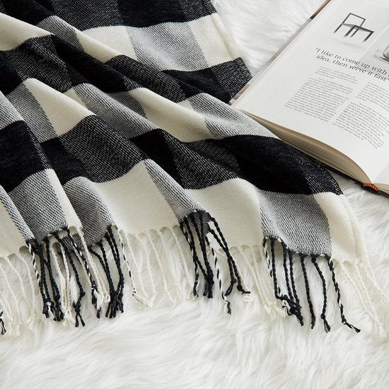 Zachte, gebreide, wollen deken, kwast, plaid, knuffeldeken, bankdeken, slaapdeken, deken, deken, deken, 127 x 152 cm, meerkleurig (zwart)