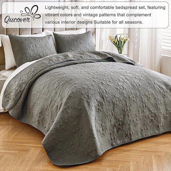 Sprei, 220 x 240 cm, grijs, ultrazachte sprei, bedsprei, bedsprei van microvezel, doorgestikt met 2 kussenslopen, bankdeken, woondeken voor bed