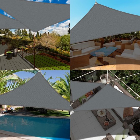 Zonnezeil, driehoekig, 4 x 4 x 4 m, met bevestiging, zonnezeil, waterdicht, zonwering, uv-bescherming, zeildoek zonder boren, geschikt voor balkon, tuin, terras en camping, grijs