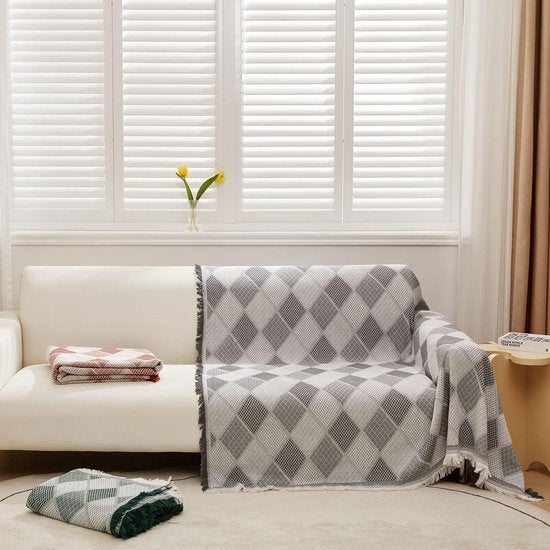 Diamantpatroon Bankkleed Deken Omkeerbaar XXL Grote bankkleed Bankhoes Decoratieve bankhoes Bankdekens voor het bedekken van sprei met kwastjes - Lichtgrijs, 180x340cm