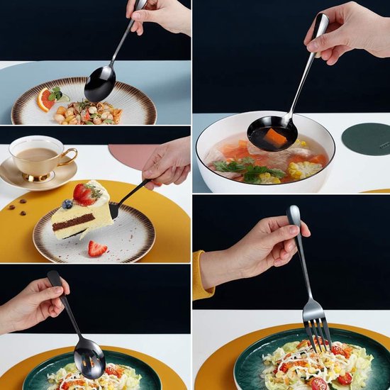 Zwarte 10-delige serveerbestekset, roestvrijstalen serveerset met gleufschep, opscheplepel, taartschep, serveervork, soeplepel