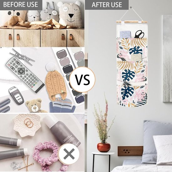 Wall Hanging Bags 3 Pieces Wall Hanging Storage Bag with 5 Pockets, Organiser for Children's Room, Waterproof Hanging Storage, Linen Coloured Hanging Bag Organiser, Suitable for Bathroom
