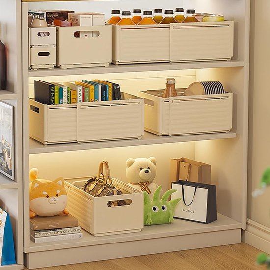 3 stuks uittrekbare opbergdoos, keukenkastorganizer voor kasten, planken, laden, opvouwbare kunststof kledingkast lade, organizer, opbergmand, beige