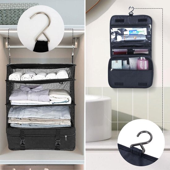 Koffer-organizer, hangend, opvouwbaar, met make-uptas, 2-delig, draagbare pakkubus, hangkast, pakkubus om op te hangen, opbergtas voor koffer en bagage, zwart
