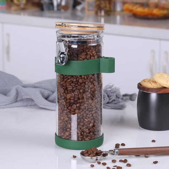 Koffieblikje, glas, luchtdicht voor 500 g koffiebonen, koffiepot, glas, aromadicht voor 500 g gemalen koffie, voorraaddoos koffie voor koffiebonen, glazen container met lepel, 1500 ml