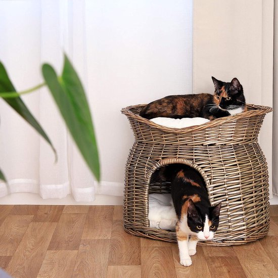 Rieten mand voor katten Cat cave Kattenmand met kussen 55x39x43 cm, grijs