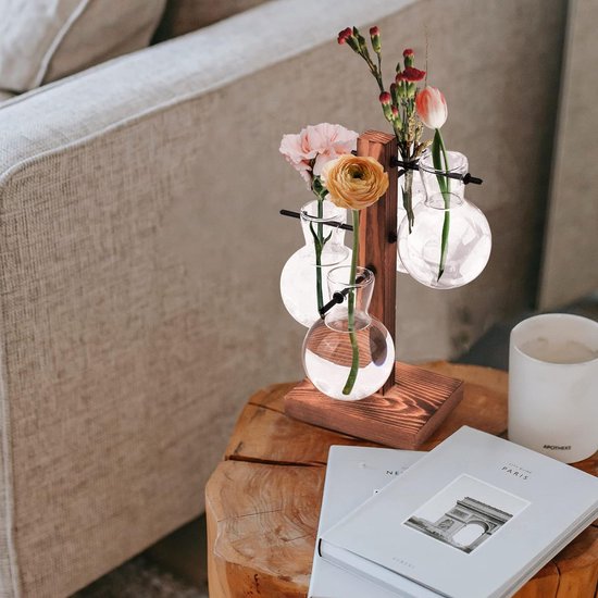 4 glazen plantenterrarium met houten standaard, transparante glazen hydrocultuurvazen, moderne plantenvoortplantingsstation Desktop plantenbak bolvaas voor hydrocultuurplanten, tuindecoratie