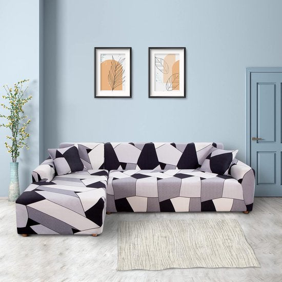 Bankhoes Hoekbank L-vorm Bankspreien Stretch bankhoes L-vorm rechts of links met twee kussenhoezen Wasbaar Universele bankhoes L-vorm Bankhoes L-vorm (2 en 2, zwarte geometrie)