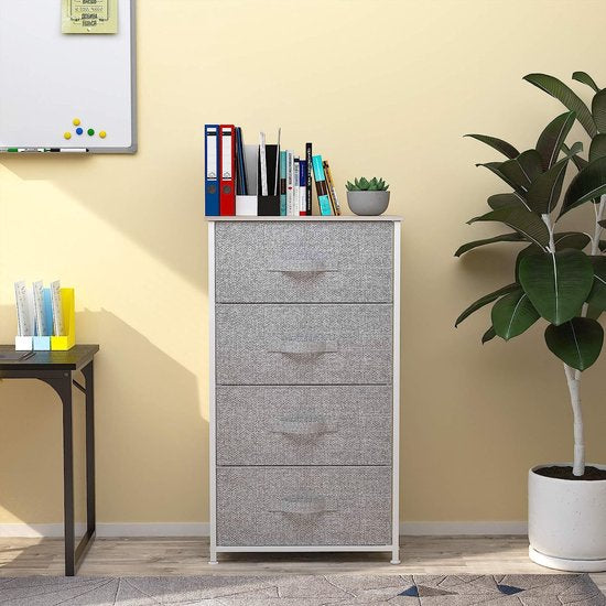 Dressoir Smal, kast met 4 laden van stof, opbergcommode, moderne stijl voor slaapkamer, woonkamer, kinderkamer, hal, lichtgrijs opbergkast