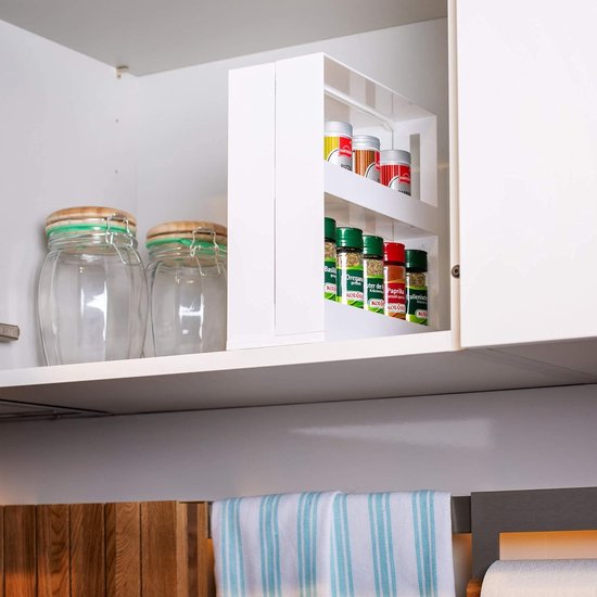 Kruidenrek, uittrekbaar, wit, draaibaar opbergsysteem voor specerijen en medicijnen, ruimtebesparend nisrek van kunststof, ideaal als kastinzet in keuken en badkamer, 27,5 x 10,5 x 28 cm