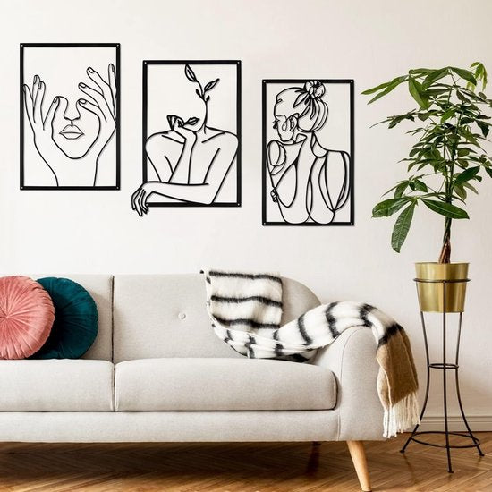 3 stuks zwarte wanddecoratie van metaal, minimalistische wanddecoratie kunst, moderne abstracte vrouwelijke lichaamsdecoratie voor slaapkamer, woonkamer, badkamer, balkon, galerij