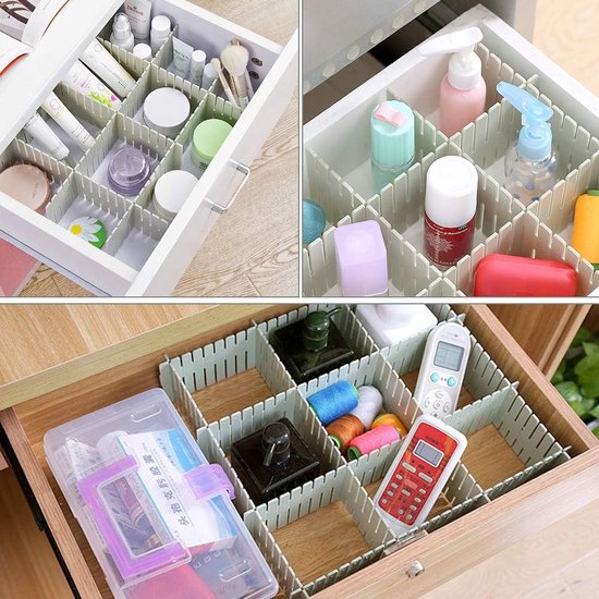 Doe-het-zelf lade-organizer, set van 16 opbergsystemen van kunststof, scheidingswanden, verstelbare bureau-organizer, ideaal voor sokken, cosmetica, schrijfwaren en meer. (groen)