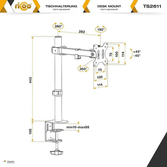 Monitorbehuizing voor paneel, VESA paneelbehuizing voor 13-32 inch, monitorbehuizing, 1 monitorarm TS2611, beeldschermhouder, kantelbaar, draaibaar, monitorarm, beeldschermhouder, monitorbehuizing