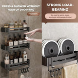 Badkamerplank zwart douchemandje en keukenopberger zonder boormachine. Roestbestendige aluminium badkamerwagen voor wandmontage met 6 haken