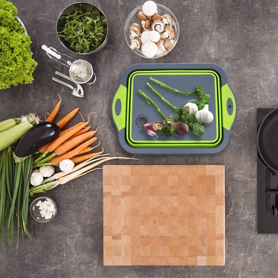 opvouwbaar snijbord met colandercontainers, opvouwbaar voedselveilige siliconen schotel snijbord, wasbak, afvoermand voor thuis, keuken, camping, picknick, barbecue