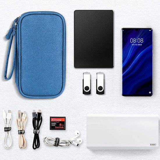 Kabeltas, kabelorganizer, organizer voor elektronische accessoires, draagbare kabelorganizer, dubbele kabeltas voor elektronische accessoires, USB-powerbank, oplaadkabel voor SD-kaart, blauw