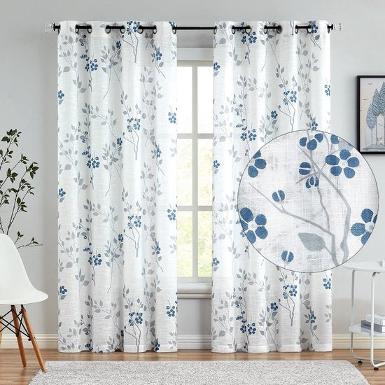 Transparante gordijnen met bladeren, 127 cm breed, linnen look, gordijnen met oogjes, botanisch patroon, half-transparant, gordijn met ogen, voor boerderij, woonkamer, slaapkamer (127 x 245 cm, blauw/grijs)