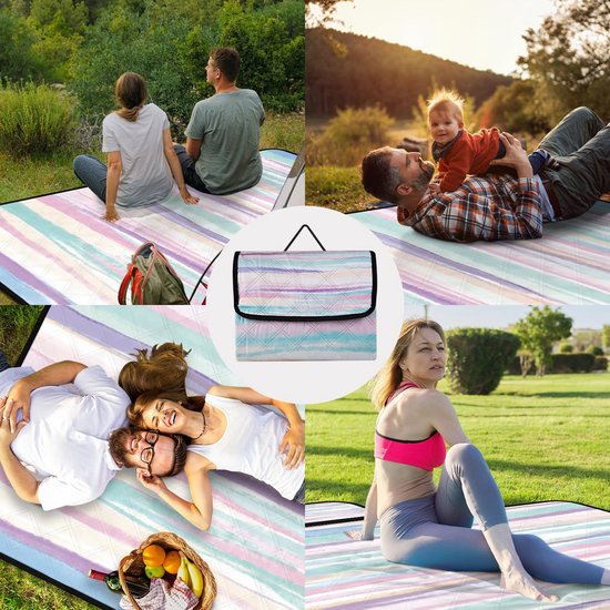 Waterdichte picknickdeken, 200 x 200 cm grote stranddeken, zandvrij met waterdichte onderkant, draagbare strandmat voor 4-6 personen, campingdeken met draaggreep voor park, tuin, strand, buiten