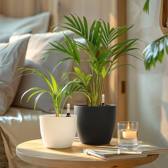 Zelfwater gevende plantenpot met waterindicator, set van 4, met wateropslag, voor gebruik binnen en buiten, 15 cm, zwart