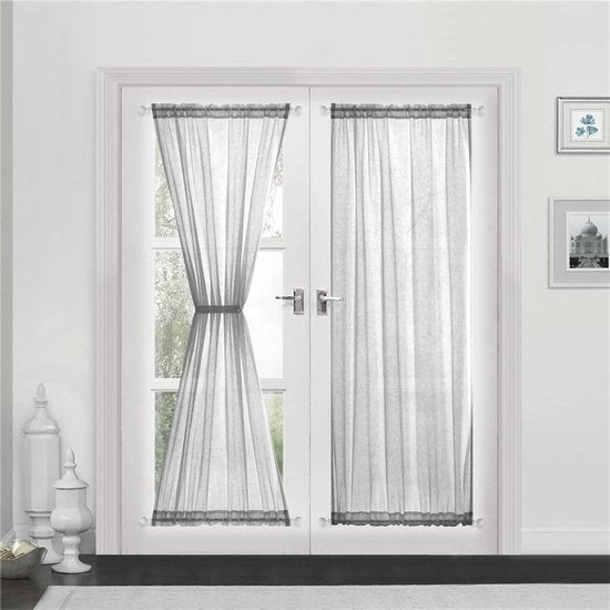 Vitrage linnenlook gordijn, lange moderne effen bistrogordijn, halftransparant deurgordijn, keukengordijnen, korte gordijnen BxH 132 x 183 cm, grijs, 1 stuk