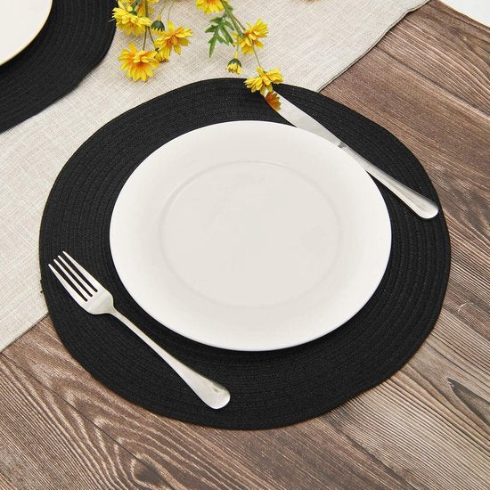 Set van 6 ronde geweven placemats, zwart, katoen, hittebestendig, wasbaar, antislip, voor keuken, feest