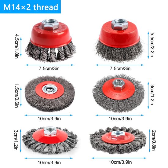 6 stuks draadborstel boormachine, aansluiting met schroefdraad M14 x 2, draadborstel voor haakse slijper, stalen borstel, slijpopzetstuk, staalborstel, polijstopzetstuk voor accuschroevendraaier (6)