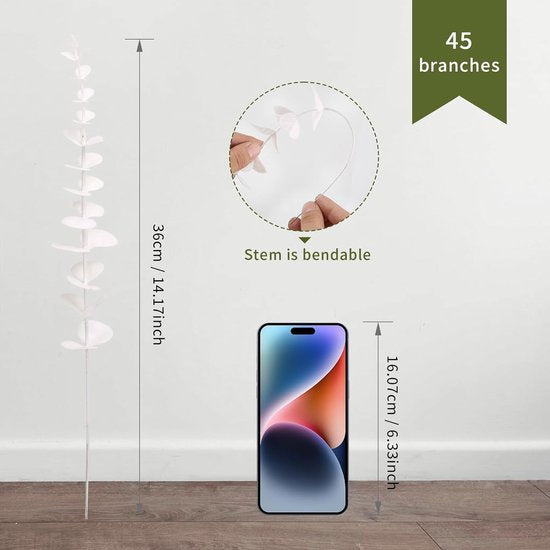 45 stuks kunstmatige eucalyptus takken, bladeren, eucalyptusbladeren, decoratie, eucalyptus, kunstplanten voor bloemstukken, huis, bruiloft, feest, tafel, centerpiece, decoratie, wit