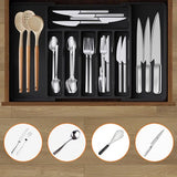 Bestekhouder, bestekbak, uittrekbare bestekhouder voor laden, van kunststof, met 8 vakken, geschikt voor lepels, vorken, messen (33,5-56,5 x 6 x 37,5 cm) (zwart)