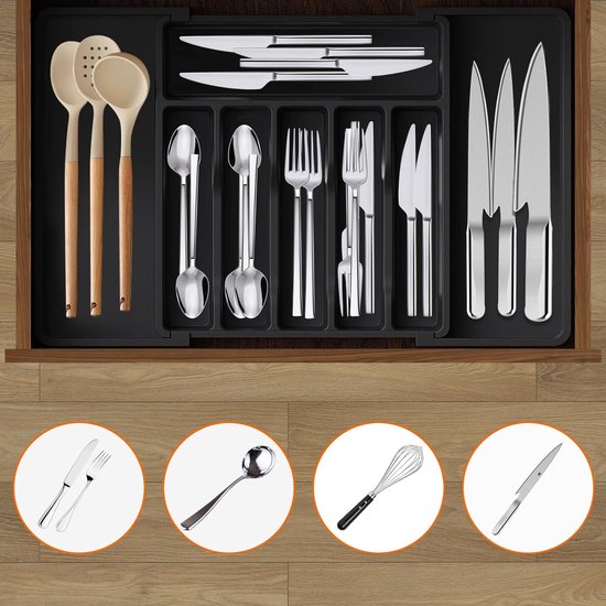 Bestekhouder, bestekbak, uittrekbare bestekhouder voor laden, van kunststof, met 8 vakken, geschikt voor lepels, vorken, messen (33,5-56,5 x 6 x 37,5 cm) (zwart)