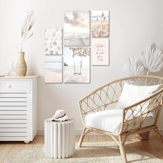 Fotoset, klaar om op te hangen, geen extra lijst nodig, strand, zee, Relax, modern, beige, woonkamer, slaapkamer.
