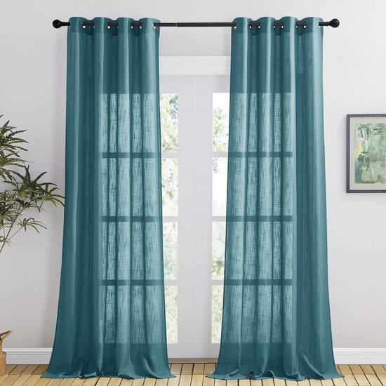 Curtains Living Room Eyelet Curtain Linen Look 2 Pieces H 240 x W 132 cm Curtains Semi-Transparent Decorative Curtains for Balcony Door Linen Look Curtains Teal Blue