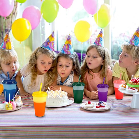 beker, beker, drinkbeker met rietje en deksel, 350 ml, kleurwisselbeker, herbruikbare plastic beker, kinderbeker, beker, reisbeker, tumbler ijskoffie, koud drinken, smoothie, sap, 7 stuks