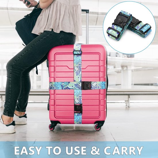 2 stuks kofferriem, kofferband, verstelbare, gepersonaliseerde bagageriem met afsluitbare gesp voor koffer, riem, reistas (blauwe bloem)