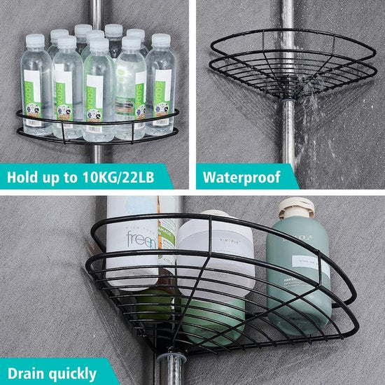 Telescopische doucheplank, 190-310 cm, in hoogte verstelbare doucheplank zonder boren, roestvrij staal, hoekrek, badkamerrek met 4 x manden, 4 x haken en 1 x handdoekhouder voor handdoek,