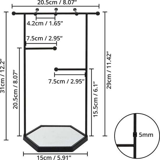 Zwarte sieradenorganizer, sieradenstandaard met zeskantige sokkel, 3-traps metalen sieradenorganizer met spiegelbasis, voor het opbergen van cosmetica, oorbellen, armbanden, ringen en