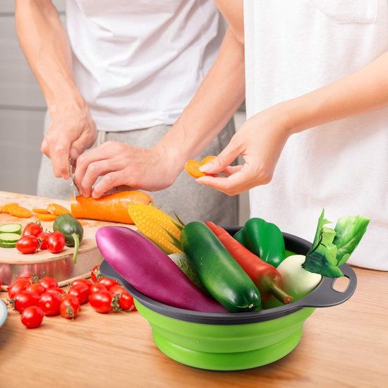 Set van 2 opvouwbare siliconen filtermanden met handvat, opvouwbare vergietzeef, siliconen opvouwbare vergiet pastazeefset, keukenzeef waskom voor pasta, fruit, groenten (groen)