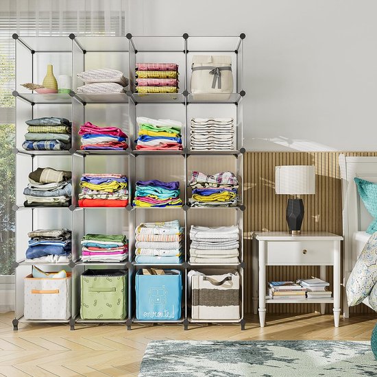 Schoenenrek, DIY Cube reksysteem, set van 16 kubussen, 30 x 40 cm, ruimteverdeler van kunststof, opslag van kleding, schoenen en boeken, 16 stuks, semi-transparant