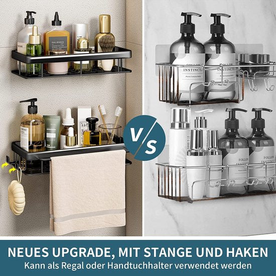 Doucheplank, doucheplank zonder boren, 2 stuks douchemandjes, douche-organizer met 4 kleefvlakken, 2 haken en 1 handdoekhouder, ruimte-aluminium, roestvrij, zwart