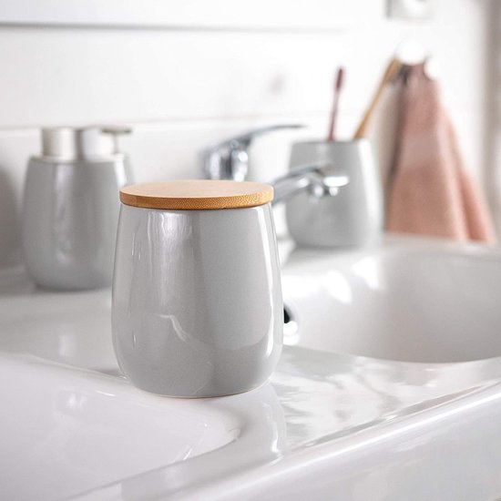 KADAX Cosmeticadoos, opbergdoos van keramiek, wattenpot met deksel van bamboe, wattenschijfhouder, voorraaddoos, wattenhouder, universele doos voor badkamer, wattenschijfjes, rond (grijs)