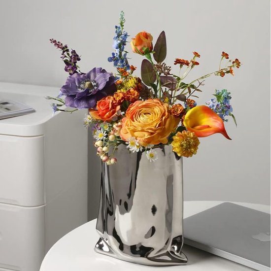 Keramische vaas, moderne bloemenvaas, minimalistische abstracte vaas voor woondecoratie, tafelmiddenvaas voor woonkamer, slaapkamer, eetkamer, bruiloft, feest (zilver, groot)