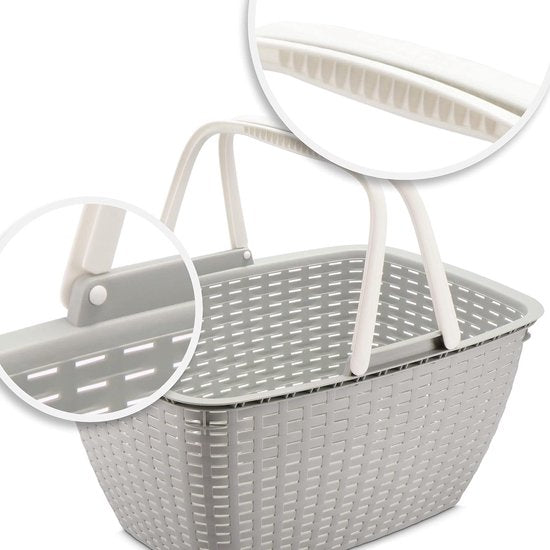 Boodschappenmand met handvat, lichte draagmand van kunststof, voor het vervoer van boodschappen, stevige plastic mand met gevlochten look (01 stuks, lichtgrijs)