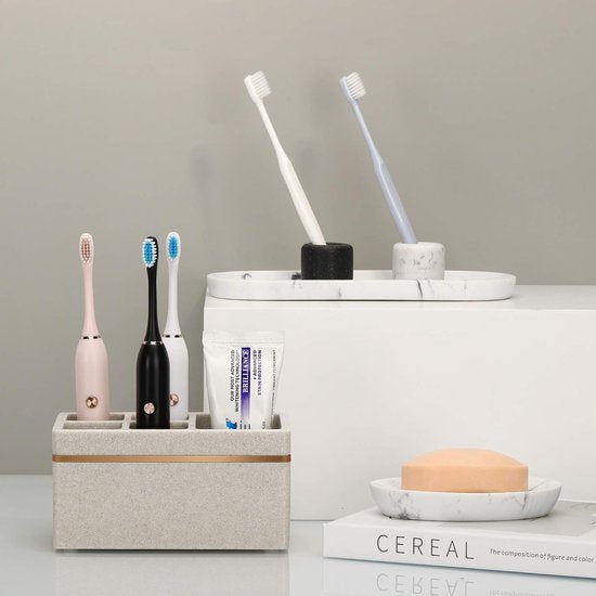 Tandenborstelhouder, 5 vakken, elektrische tandenborstelhouder met afvoergat, tandenborstelstandaard, hars, tandenborstelhouder voor badkamer, tandenborstelhouder voor tandpasta, zand, kaki