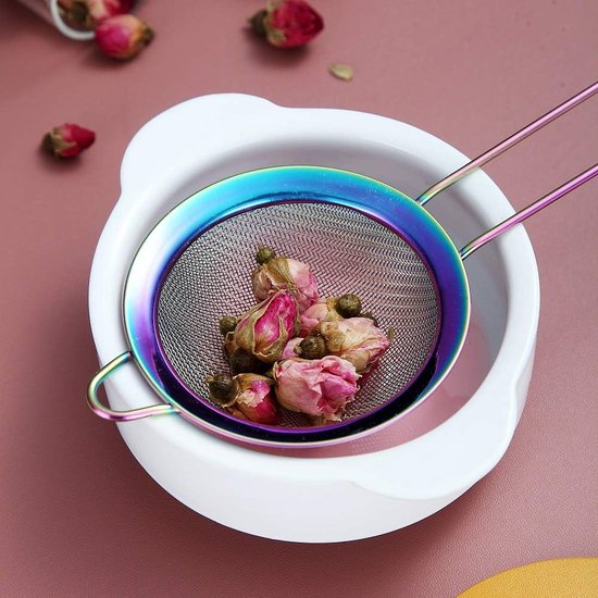 Rainbow Fine Mesh zeef, 3-delige set, kleurrijke meelzeef om te bakken, roestvrijstalen reiniger, veelkleurige matcha-theezeef, sausscheider, stasher-zeef-pastazeef